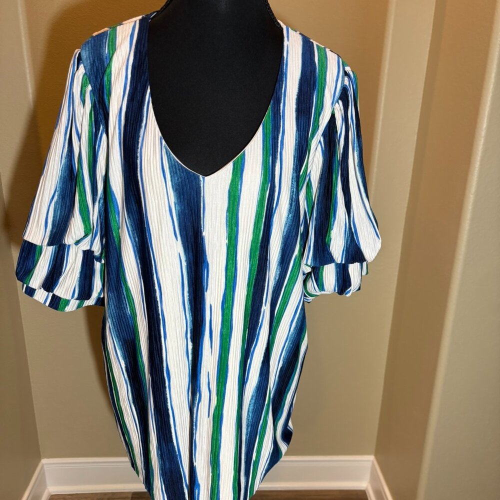 Chico's Women's V-Neck Colorful Strip Pullover Top Double Puffed Short Sleeves